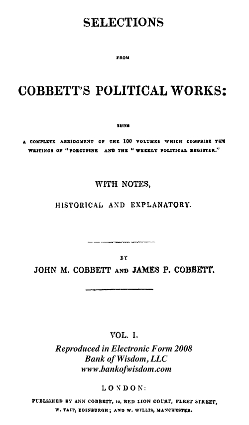 (image for) Selections from Cobbett's Political Works - Vol. 1 - Click Image to Close